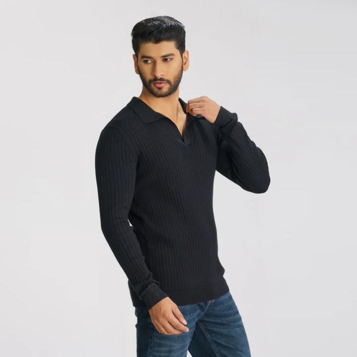 Men’s Black Textured Polo Sweater